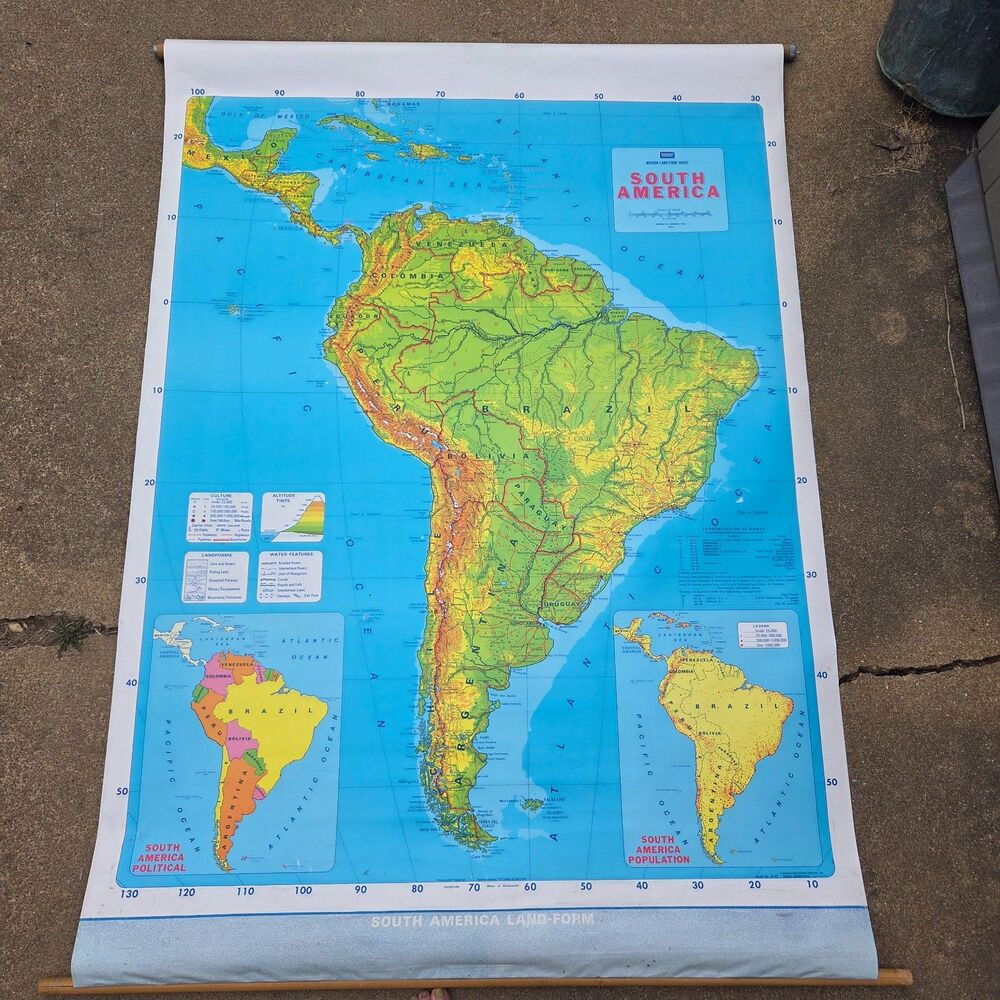 1986 Vintage South America Pull Down School Map 48x65 Classroom Wall Map